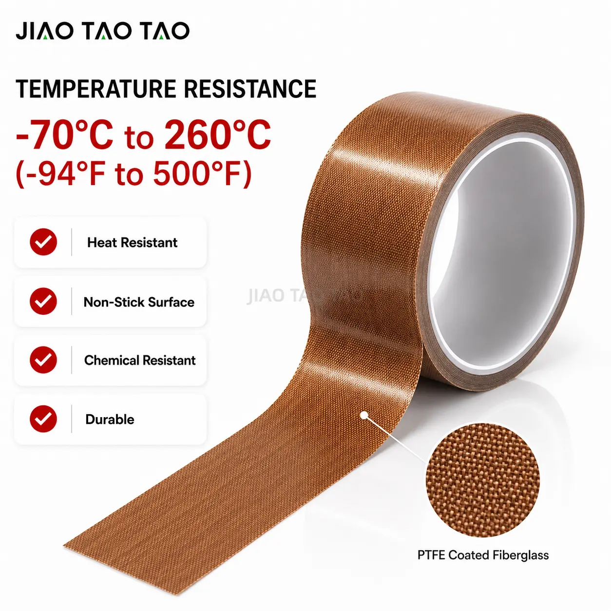 PTFE fiberglass tape detail and surface texture for heat sealing machine application.